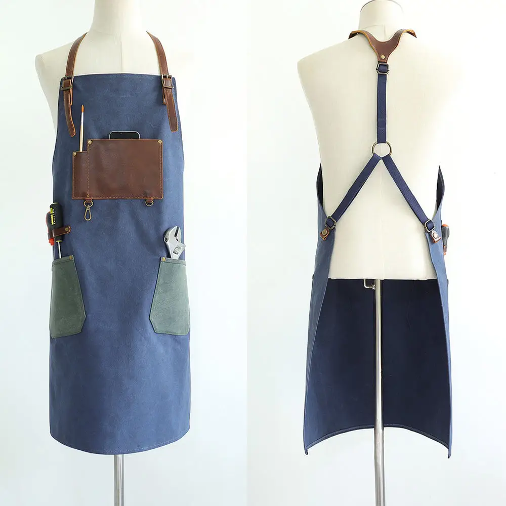Professional Thick Canvas Apron With PU Leather Pockets Protective Clothing For Woodworking Repair Crafting Kitchen
