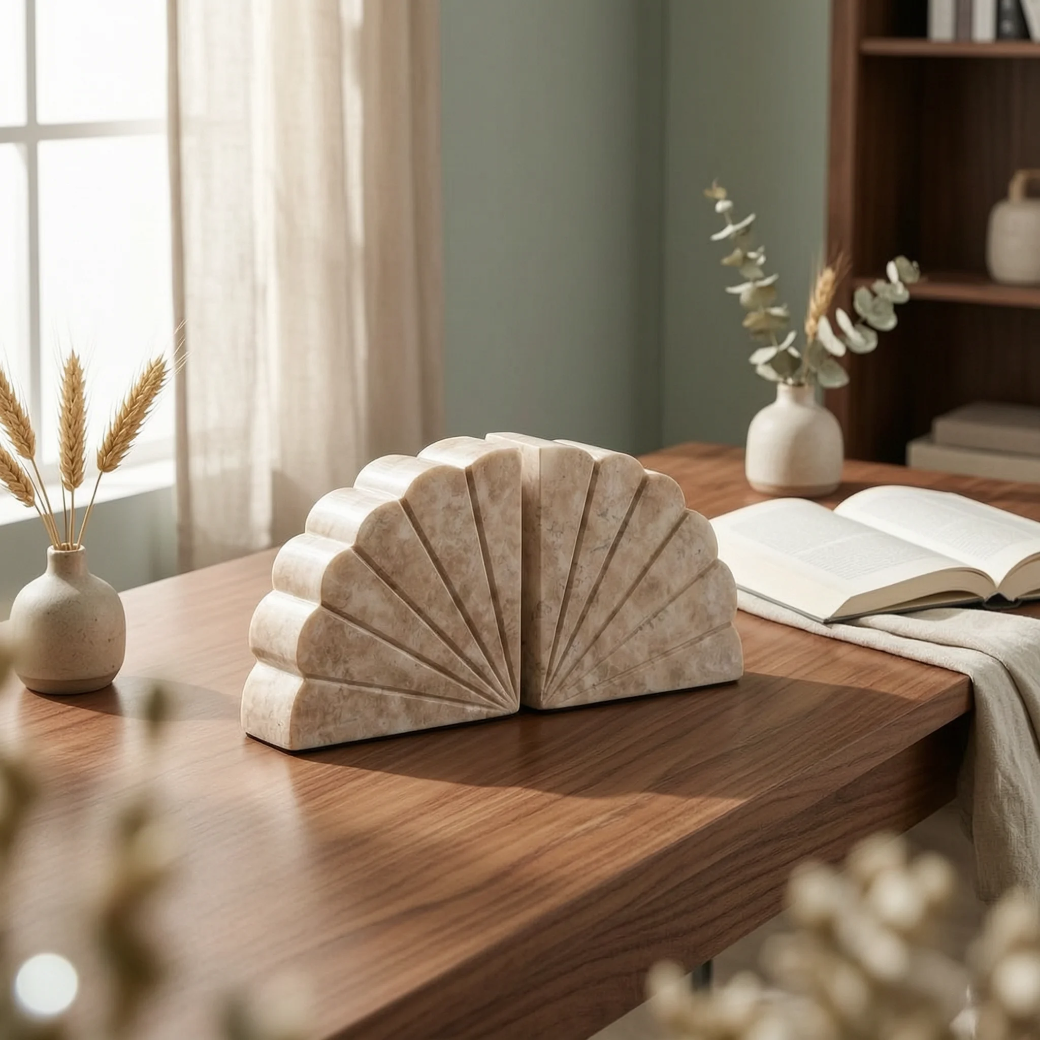 Beige Stone-like Shell Bookends Decorative Fan-shaped Resin Shelf Support Coastal Style Accessory for Home Bookshelves