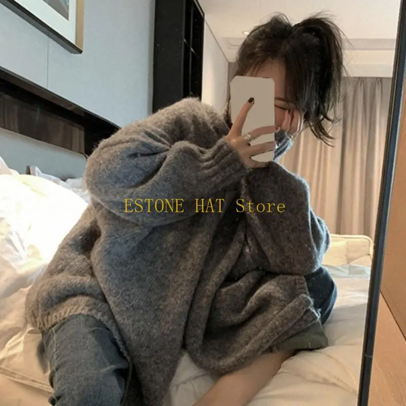 

49MF Осенний вязаный свободный свитер с v-образным вырезом и открытой передней частью с длинными рукавами для женщин