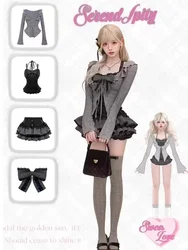 Autumn New Japanese Sweet Lolita Outfits 3 Piece Set Women Casual Knitted Cardigan+ Sexy Slim Lace Vest Tops+ High Waist Shorts