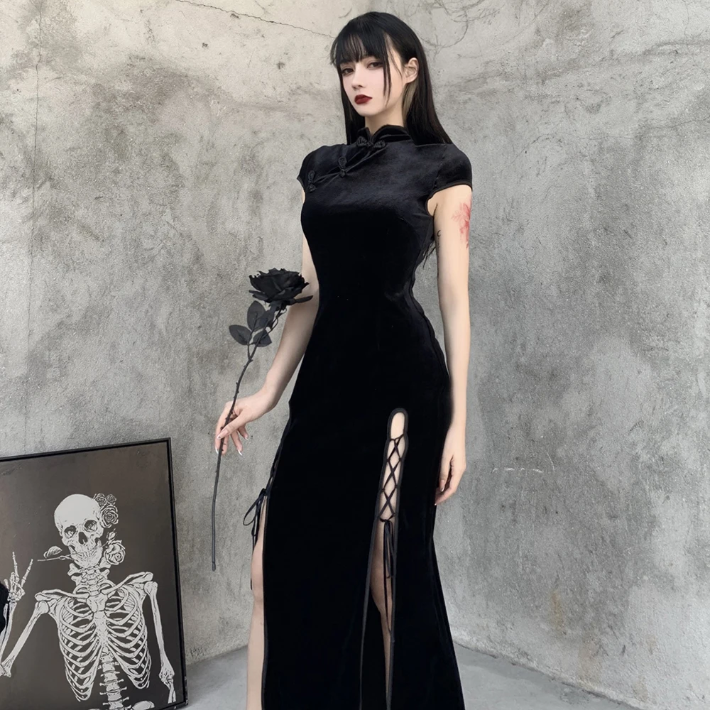 S-XL Women Gothic Velvet Cheongsam Maxi Dress Sexy High Slit Bandage Chinese Mandarin Collar High Waist Lace Up Long Qipao Dress