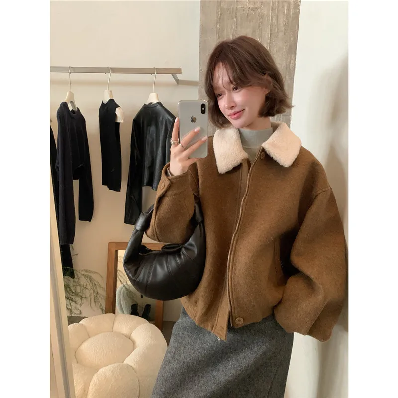

Vintage Patchwork Turn Down Collar Short Woolen Coat New Fall Winter Camel Navy Loose Casual Thick Jacket Warm Plush Outwear