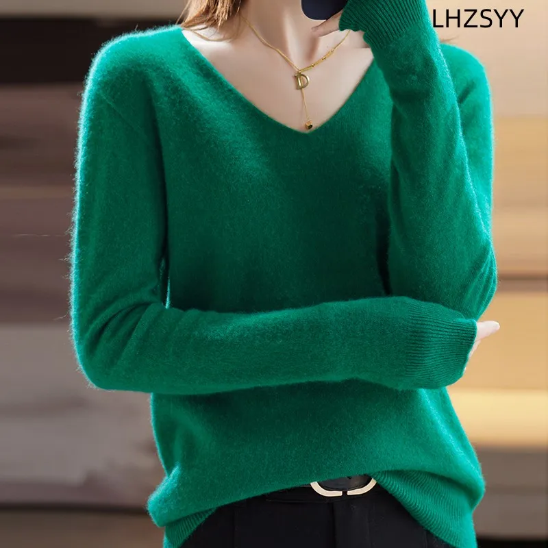 LHZSYY First line/Ready-to-wear 100%Pure Wool Knit Sweater Women\'s V-Neck Pullover Loose Shirt 2023Autumn New Female Jacket Top