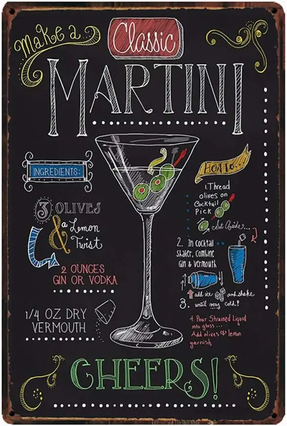 Y1,How to Make A Classic Martini, Retro Embossed Metal Bar Sign Cocktail for Wall Decor ;