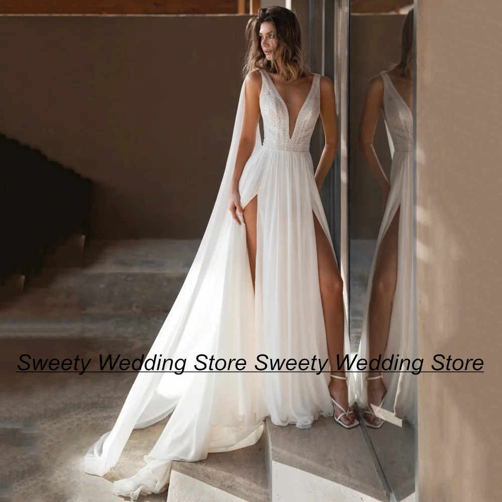 

Jiayigong Sexy Bohemian Wedding Dress with Chiffon Cape Deep V Neck Sleeveless Front Two Split Summer Boho Beach Bridal Gown