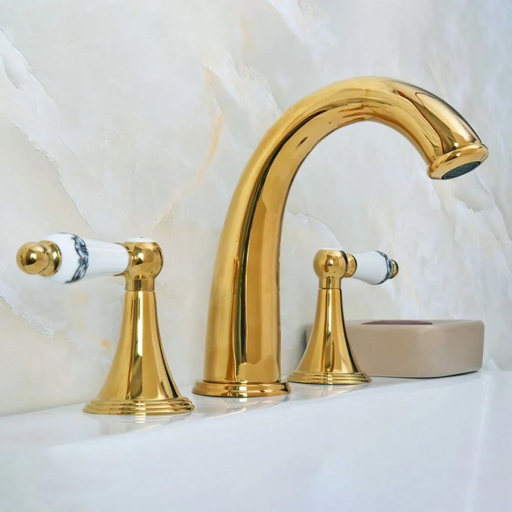 

Basin Faucets Brass Golden 3 Holes Double Handle Bathroom Sink Faucet Luxury Bathbasin Bathtub Taps Ngf023