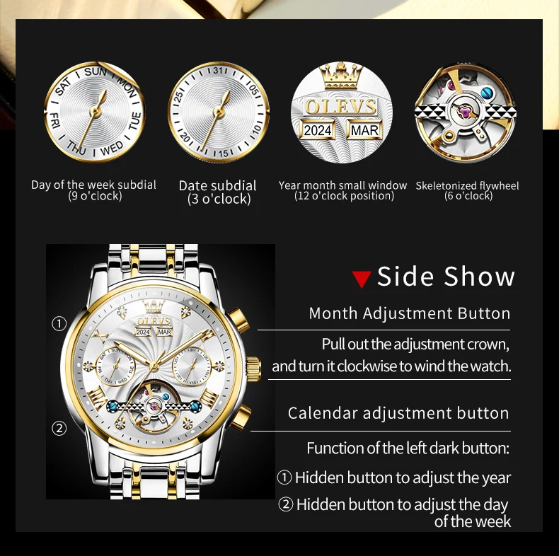 OLEVS 7088 Luxury Automatic Mechanical Watches for Men Skeleton Flywheel Calendar Week Business Man Watch Hollowed Men's Watches