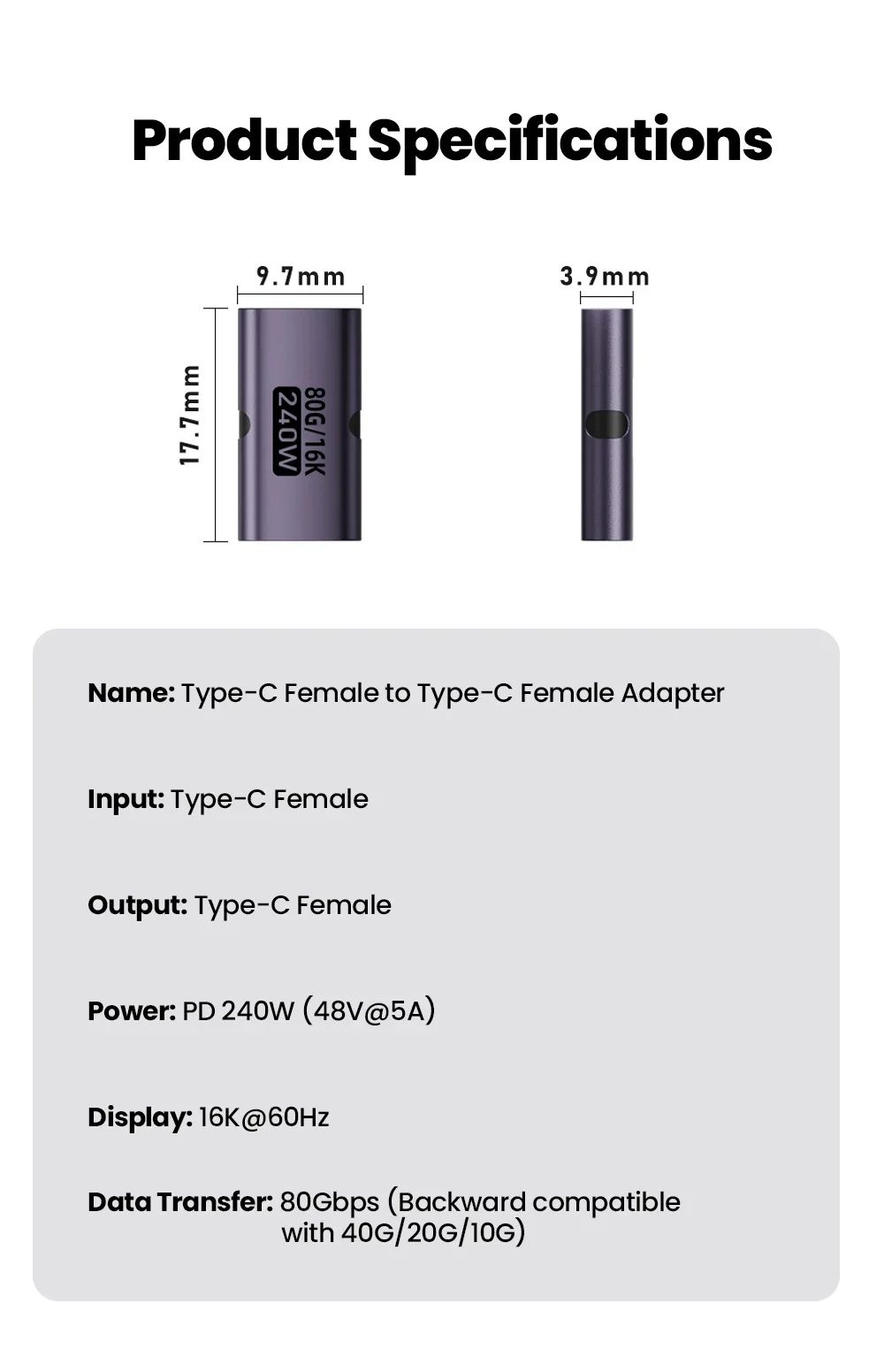 USB C to C Adapter PD3.1 240W Female to Female 80Gbps Fast Charging 16K 60Hz High Speed Type C Connector Converter