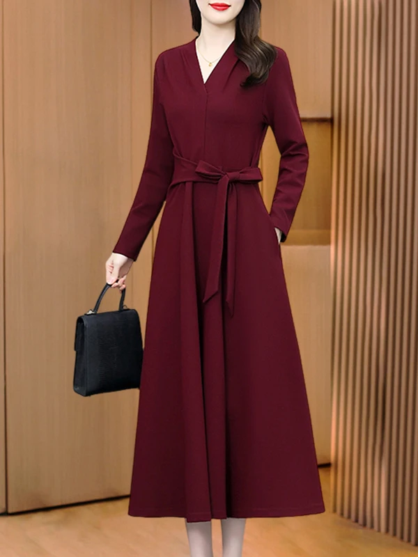 Ele Red V-ne スリミング ロング Sve Dr レディース ファイオン ハイウエスト A ライン スカート 韓国 Sle 通勤 秋 新着