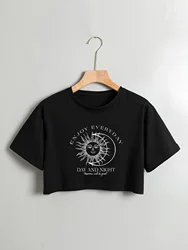 Celestial Chic - Sun Moon Graphic Crop Top - Casual Crew Neck Short Sleeve T-Shirt for Women - Fashionable Comfortable Clothing
