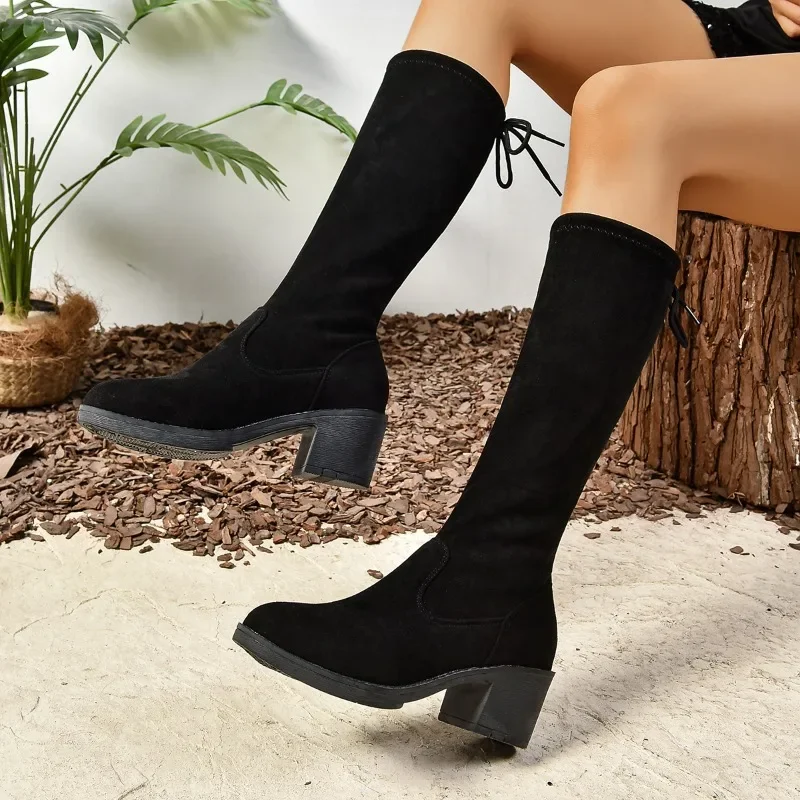 2024 New Fashion Solid Color Knee-High Boots Women's Slim Autumn and Winter Warm Boots Women's Low Heel Black Long Boots