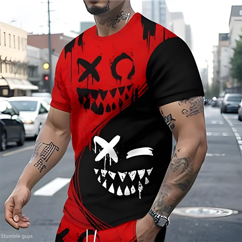 Men Short Sleeve T‑Shirt Cool Graffiti Devil Face Graphic Print Crew Neck Tee Casual Streetwear For Summer Daily Holiday Wear
