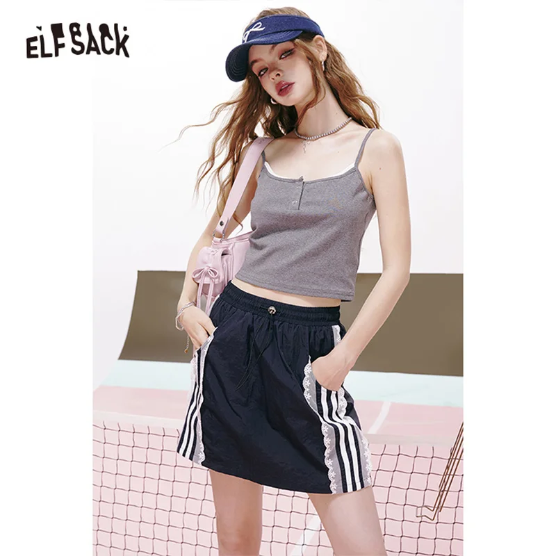 ELFSACK 2024 summer new arrival Cyan lace stitching A-line casual sports breathable workwear skirt for women