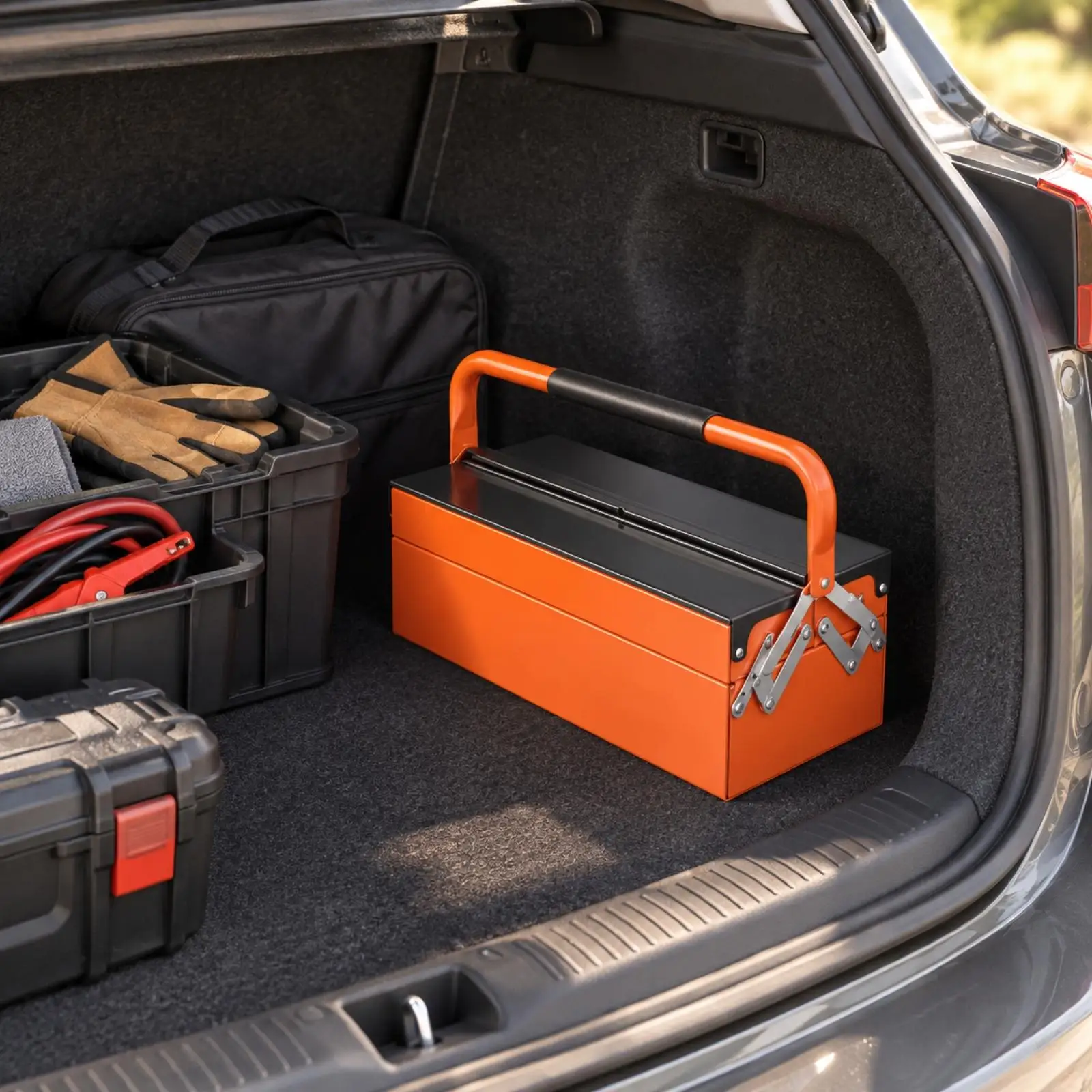 Portable Steel Industrial Storage Chest with Folding Frame and Articulated Supports for Home Workspace Organization