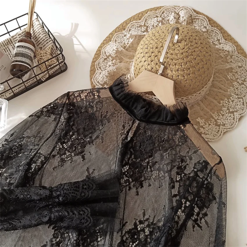 2023 Autumn Casual Women Short Blouse Lace Shirt Winter Long Sleeve Stand Collar Blousas Basic Tops Pullovers Bottomings WZ2338