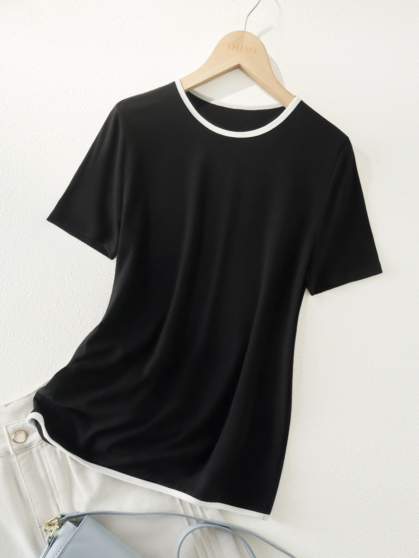 

Fashion women 2024 summer casual round neck T shirts simple loose T-shirt neckline collision T-shirts popular clothes