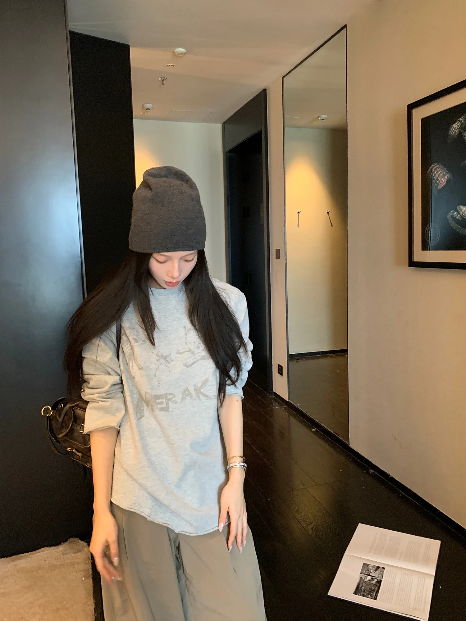 

Женская зимняя свободная винтажная футболка SUONE 280г с круглым вырезом и принтом оленя, хлопковый топ с длинным рукавом и животным узором для повседневной носки