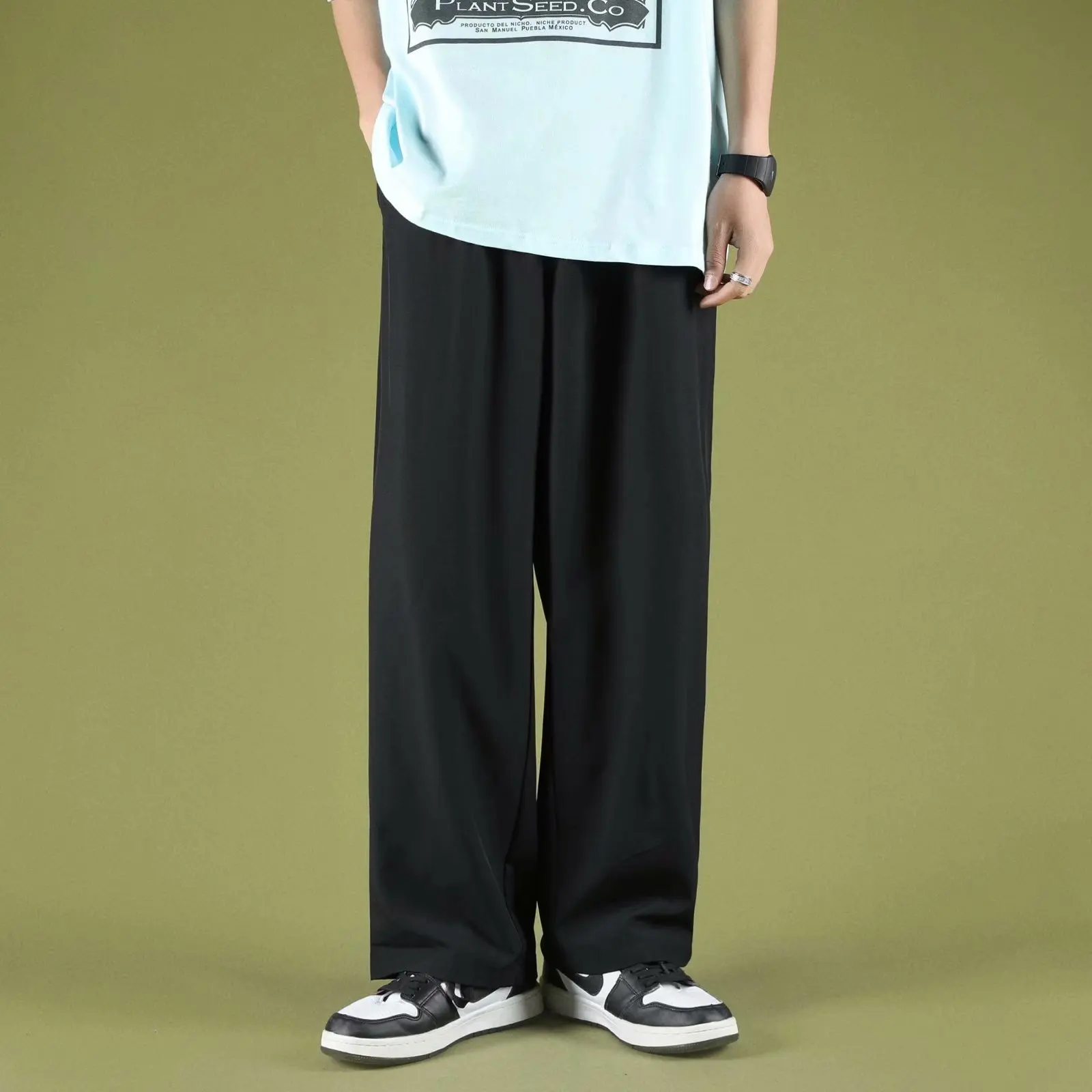 

Ice Silk Men's Summer Thin Wide Leg Casual Pants Loose Fit Long Trousers Trendy Pure Color Floor-Length Faionable Sports