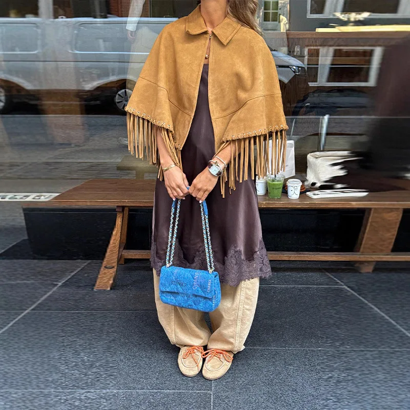 

Women's Fashionable Slim-Fit Jacket Autumn Winter Versatile Lapel Tassel Hem Cape Coat Elegant Slimming Solid Color Outwear