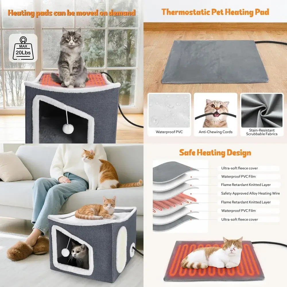 

Кровать для кошек XL с подогревом в помещении, регулируемой температурой и таймером, пушистым шариком, когтеточкой, складной шкаф для кошек