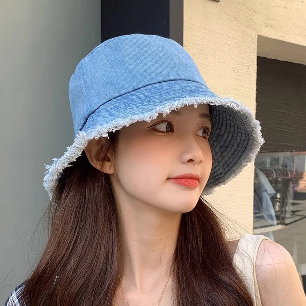 Fashionable Y2k Blue Denim Fisherman Hat Women Men Foldable Sunshade Hat Casual Outdoor Riding Hat Girls Beach Travel Streetwear