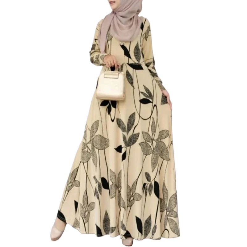 

Muslim Dress Casual Bohemian O-Neck Robe Muslim Print Long Sleeve Dresses For Women Dubai Spring Autumn Vintage Lady Robes