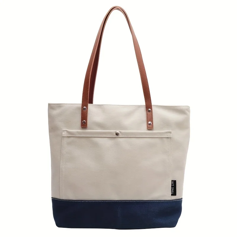 

Fashion Beige and Green Two-tone Tote Bag - Large Capacity Zipper Closure Handbag with Front Pocket, Machine Washable Durable