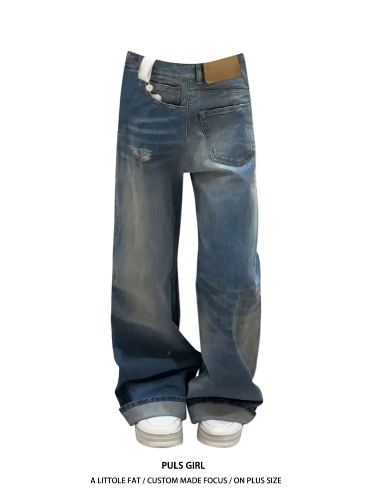 

Womens Loose Fit Straight Leg Jeans High Waist Distressed Washed out of Sync Design American Street Style plus Size Jeans