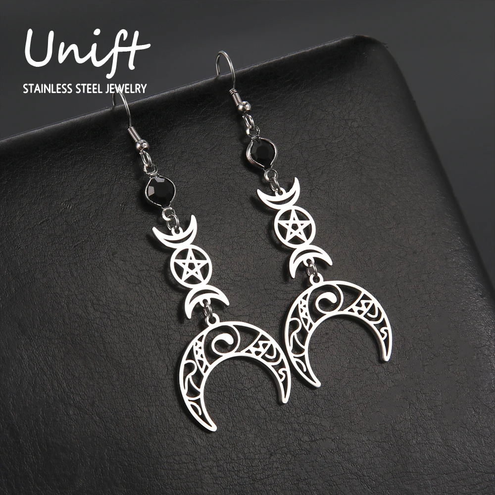 Unift Goth Stainless Steel Earring Triple Rune Moon Phase Pentagram Earrings Woman Men Vintage Jewelry Ear Piercing Witch Knot