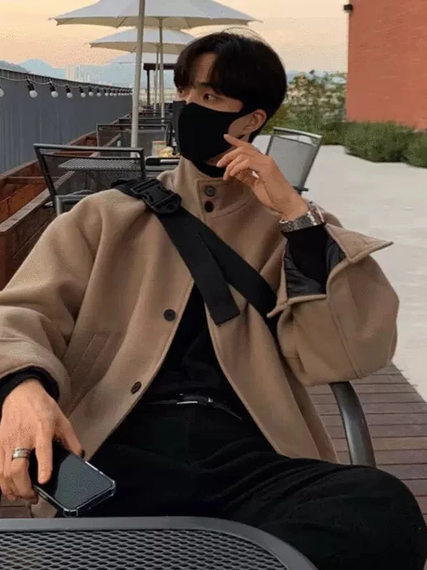 

Мужское шерстяное пальто цвета хаки с воротником-стойкой, осенне-зимнее, в стиле ретро, корейский стиль, теплое, из полиэфирного волокна, повседневное, модное