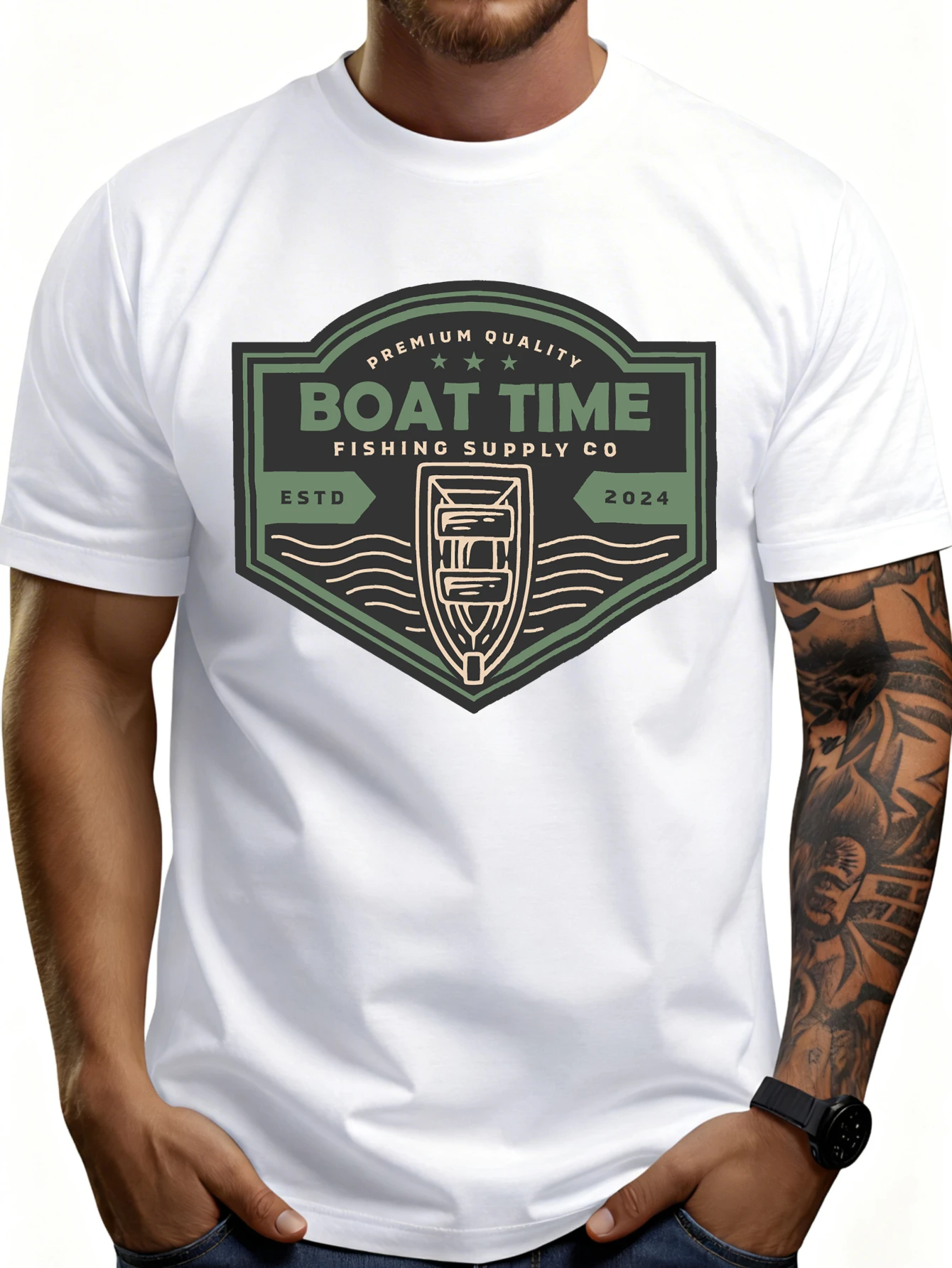 Casual Style Men's T-Shirt, Logo Design of Boat Time Fishing Supplies Company, Summer Outdoor Clothing, Gift for Fishing Enthusiasts