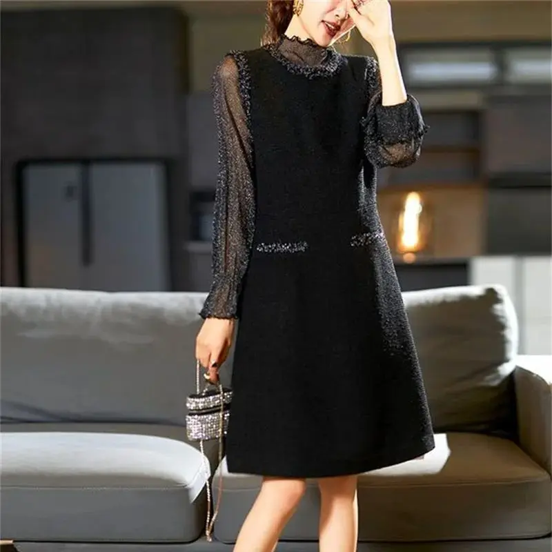 Autumn New Fashion Bright Silk Patchwork Tweed Dress For Women Ruffled Long Sleeve Elegant Office Lady A-Line Party Vestido 304P