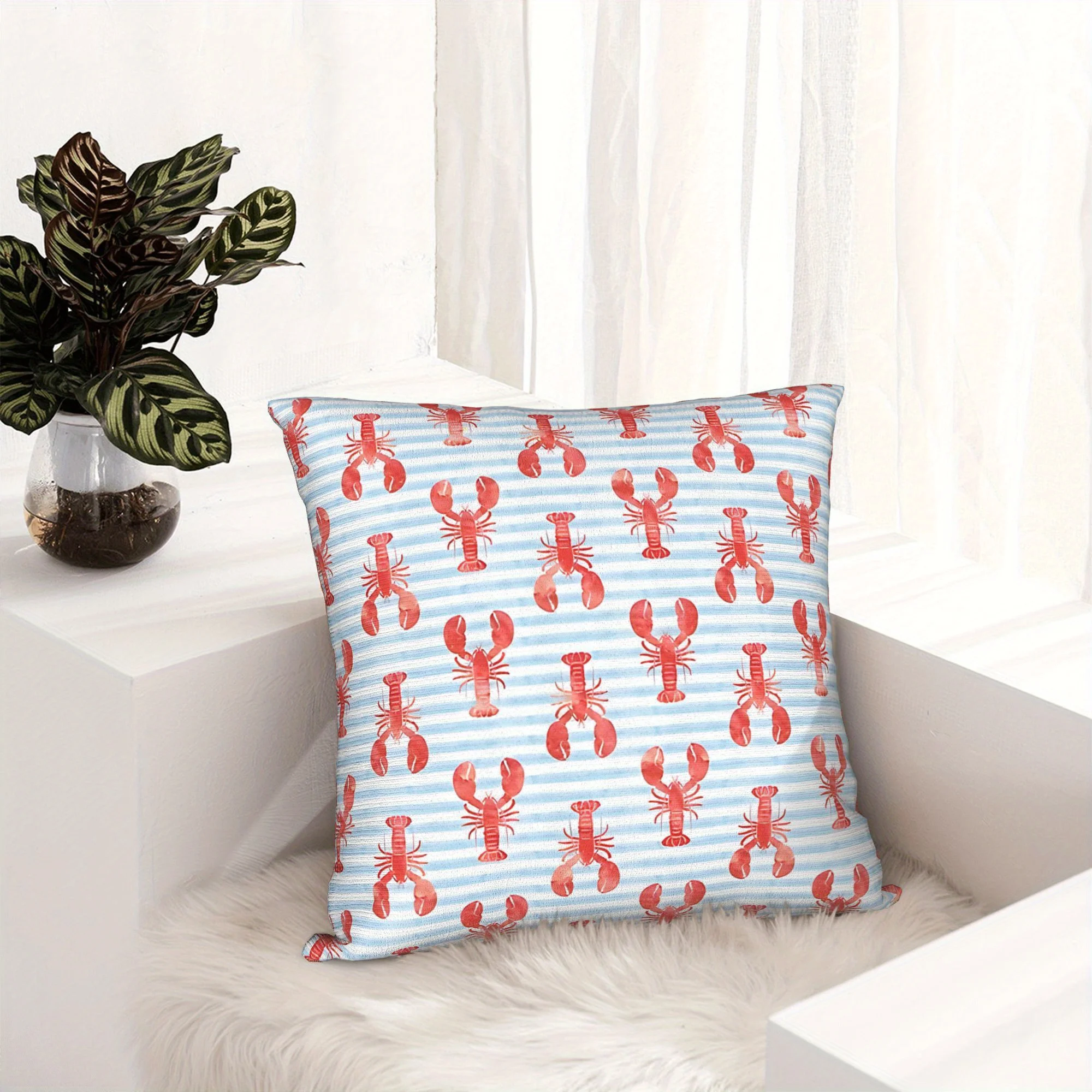 Blue Striped Lobster Pattern Throw Pillow Cover, Decorative Cushion Case for Sofa Bedroom Living Room, Pillow Insert Not Include