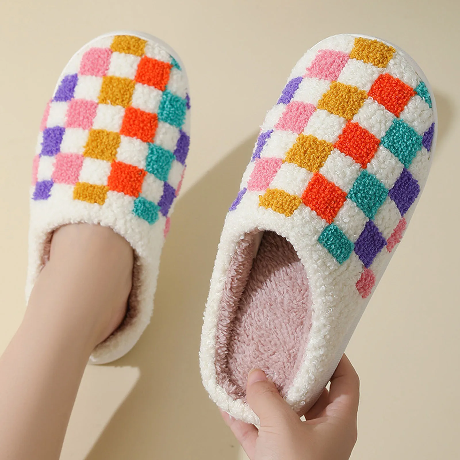 Rainbow Plaid Couple Cotton Slippers Lightweight Soft Sole Winter Home Slippers Women Indoor Bedroom Flat Non Slip Plush Slides