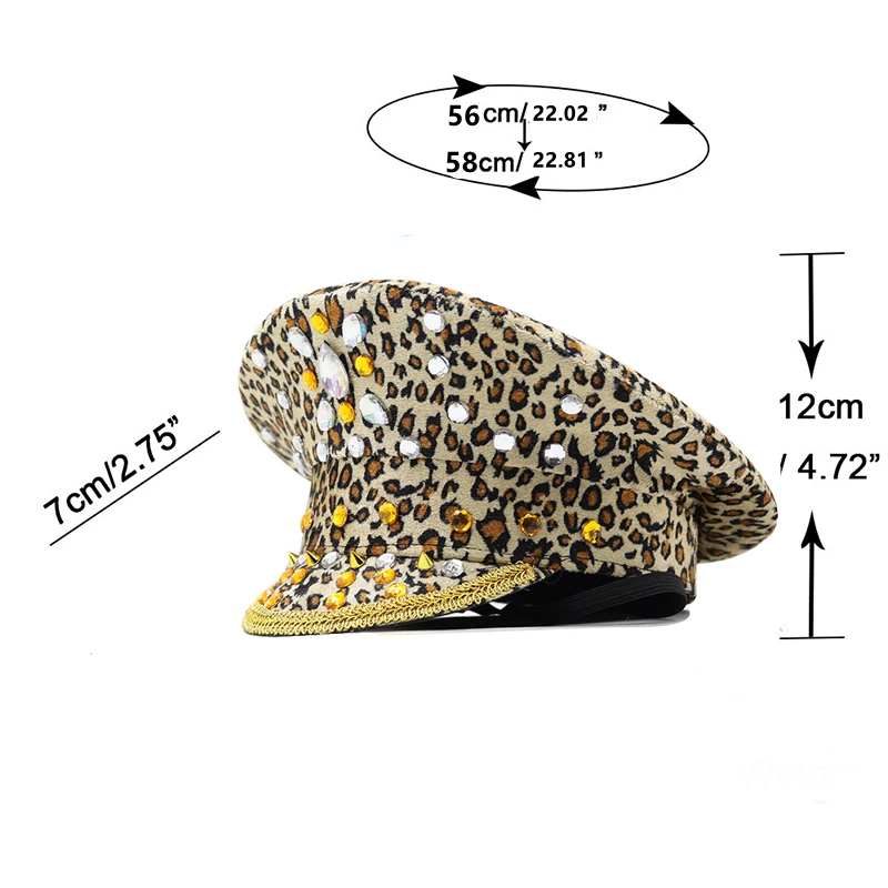 Military Style Captains Hat With Punk Rivet Women Leopard Army Hat Cortical Sergeant Police Cap Rave Festival Cosplay Hat