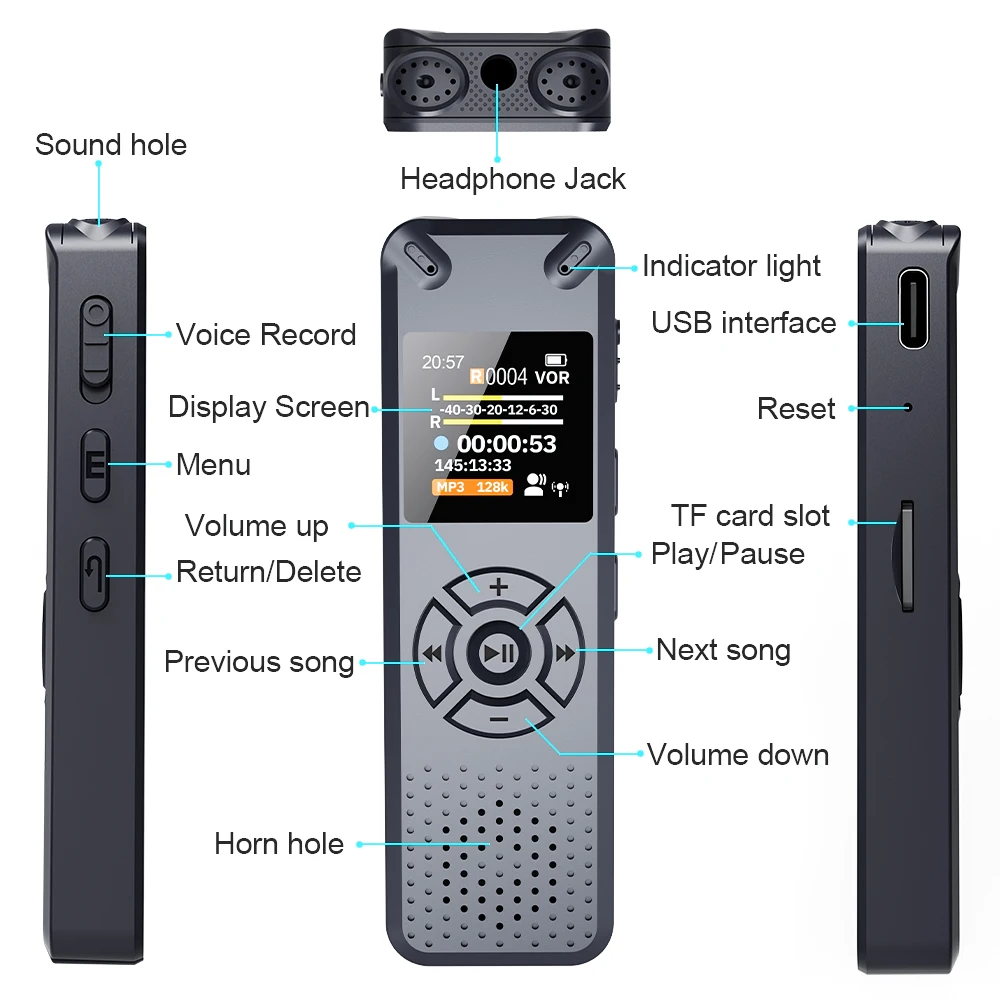 Vandlion V91 Digital Voice Activated Recorder Bunter Bildschirm Tragbarer HiFi-Sound Audioaufnahme Diktiergerät MP3-Player Recorder