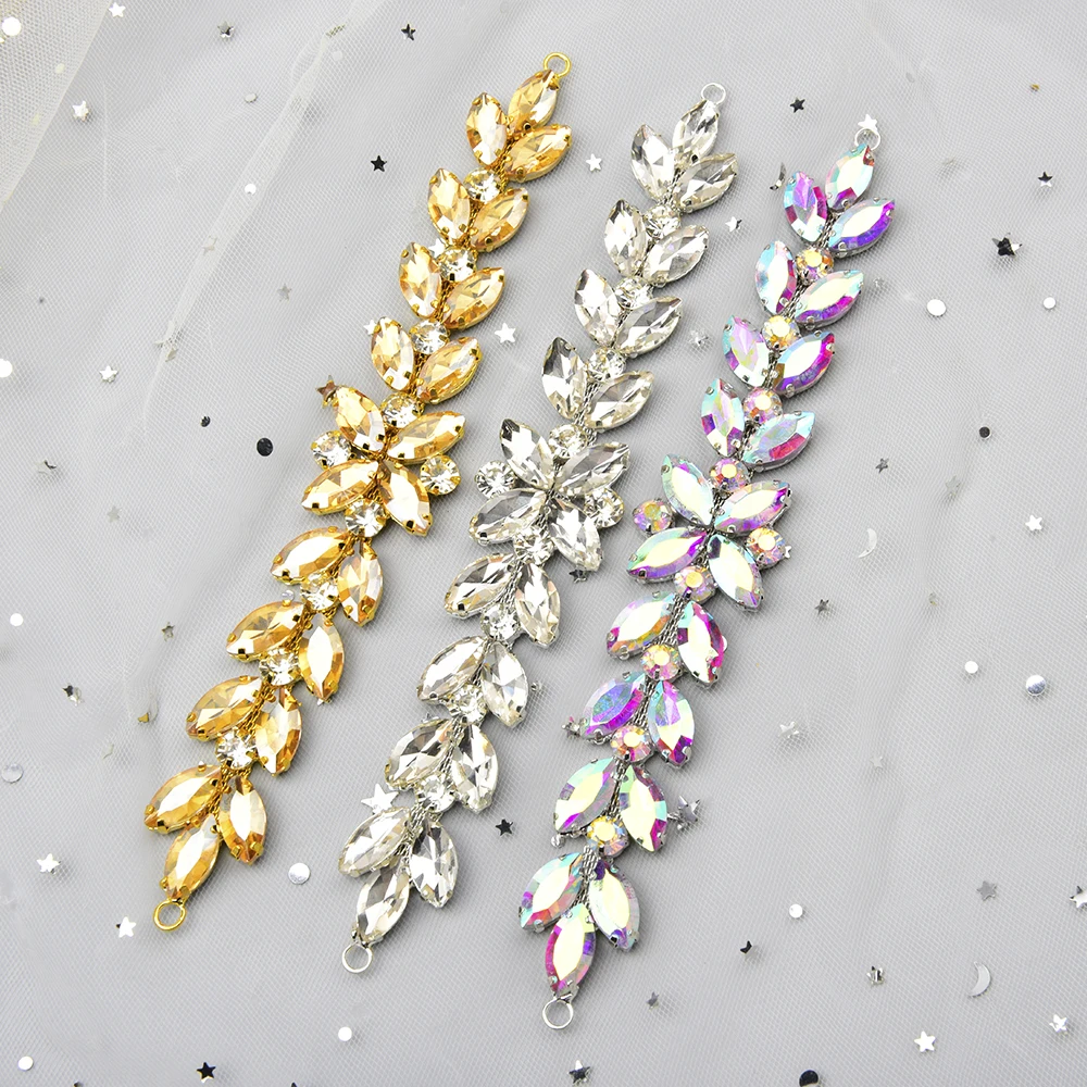 Shiny Crystal Ab Color Flower Metal Trim Applique Horseeye Rhinestone Chain Connector For Clothes Belt Shoes Decoration