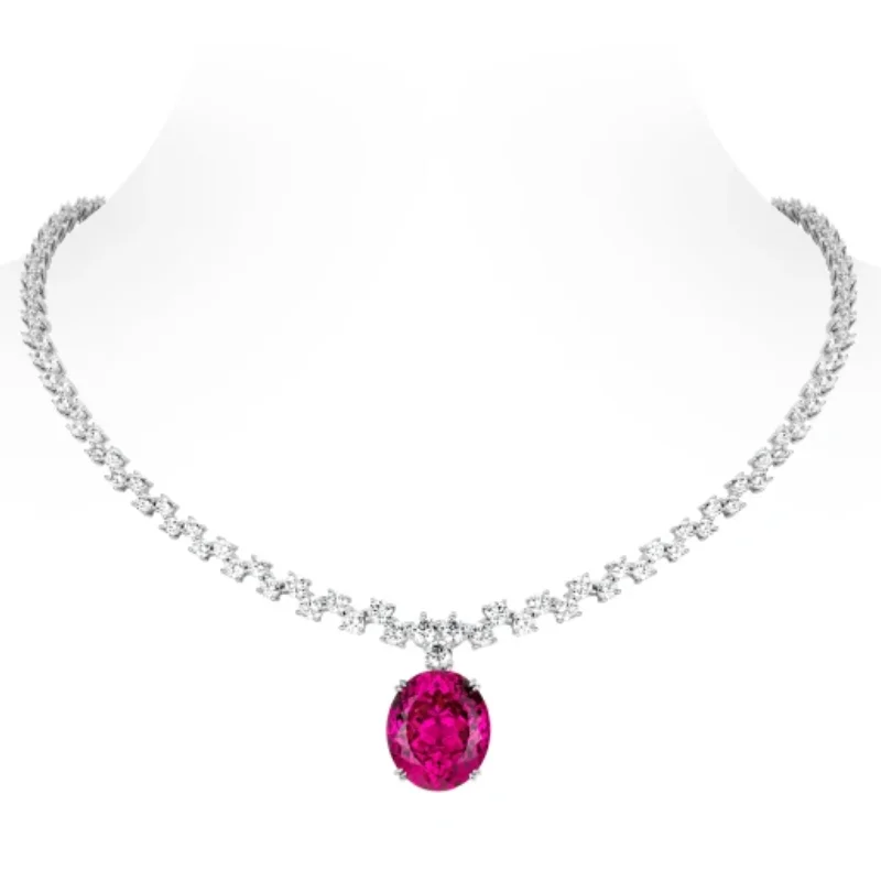 

BELLUX Pendant Chain 925 Silver Synthetic Zircon Rose Red Oval Shaped Full Diamond Luxury Set Necklace