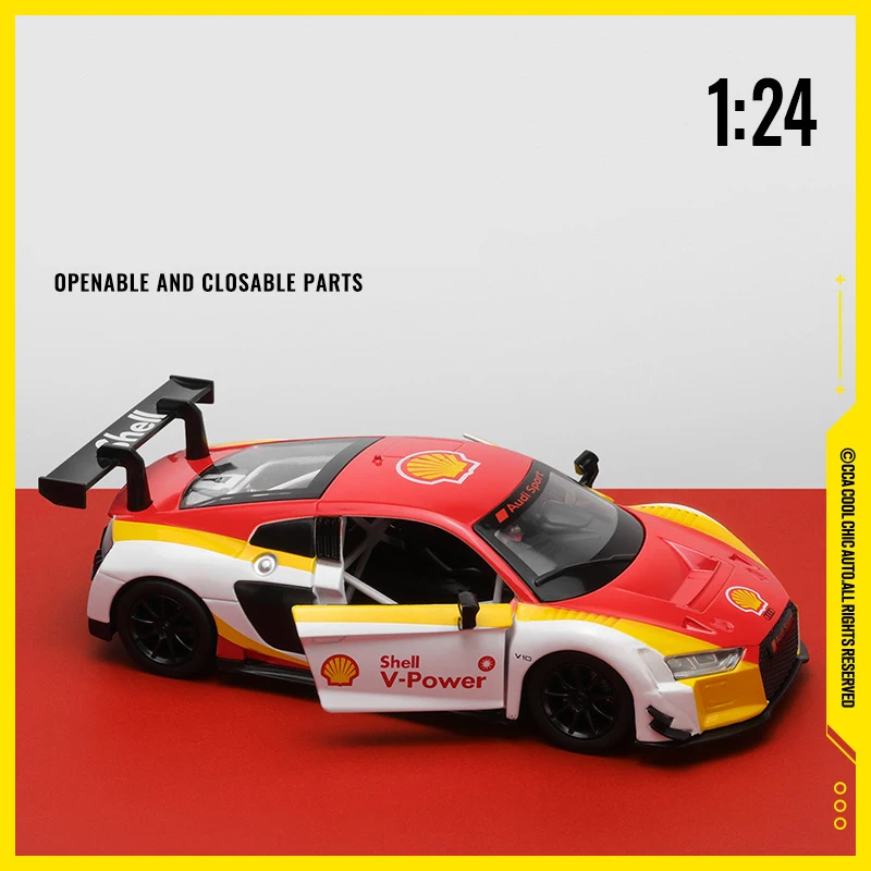 1:24 bmw m4 gt3 escudo audi r8 lms escudo liga modelo de carro som e luz puxar para trás brinquedo das crianças colecionáveis presente aniversário