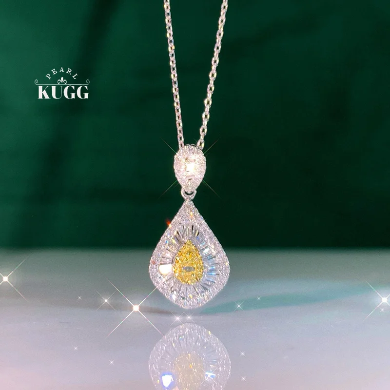 KUGG 100% 18K White Gold Necklace Classic Style 0.45carat Real Natural Yellow Diamond Pendant Necklace for Women Birthday Gift