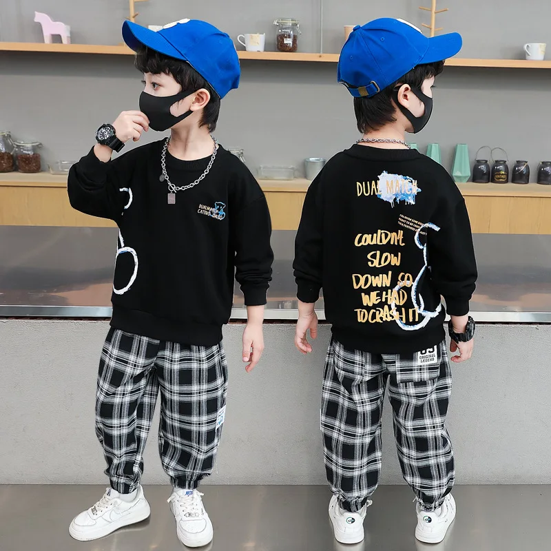 Spring Fall Boys Cotton Alphabet Cartoon Sweatshirt+Plaid Pant School Kids 2PCS Tracksuit Child Jogger Outfit Workout Set 5-14Yr