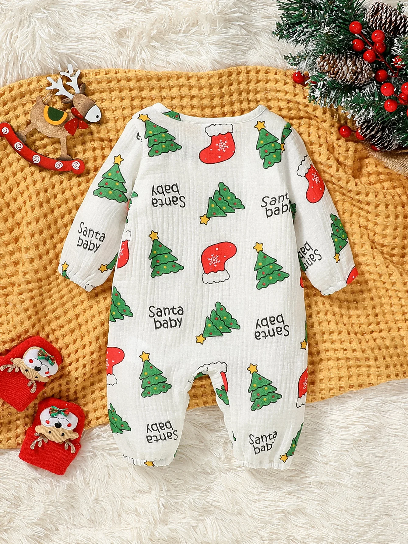 Baby Boys/Girls Long Sleeve Print Cartoon Christmas Trees For Newborn-12M Cotton Soft Jumpsuit Christmas Clothing