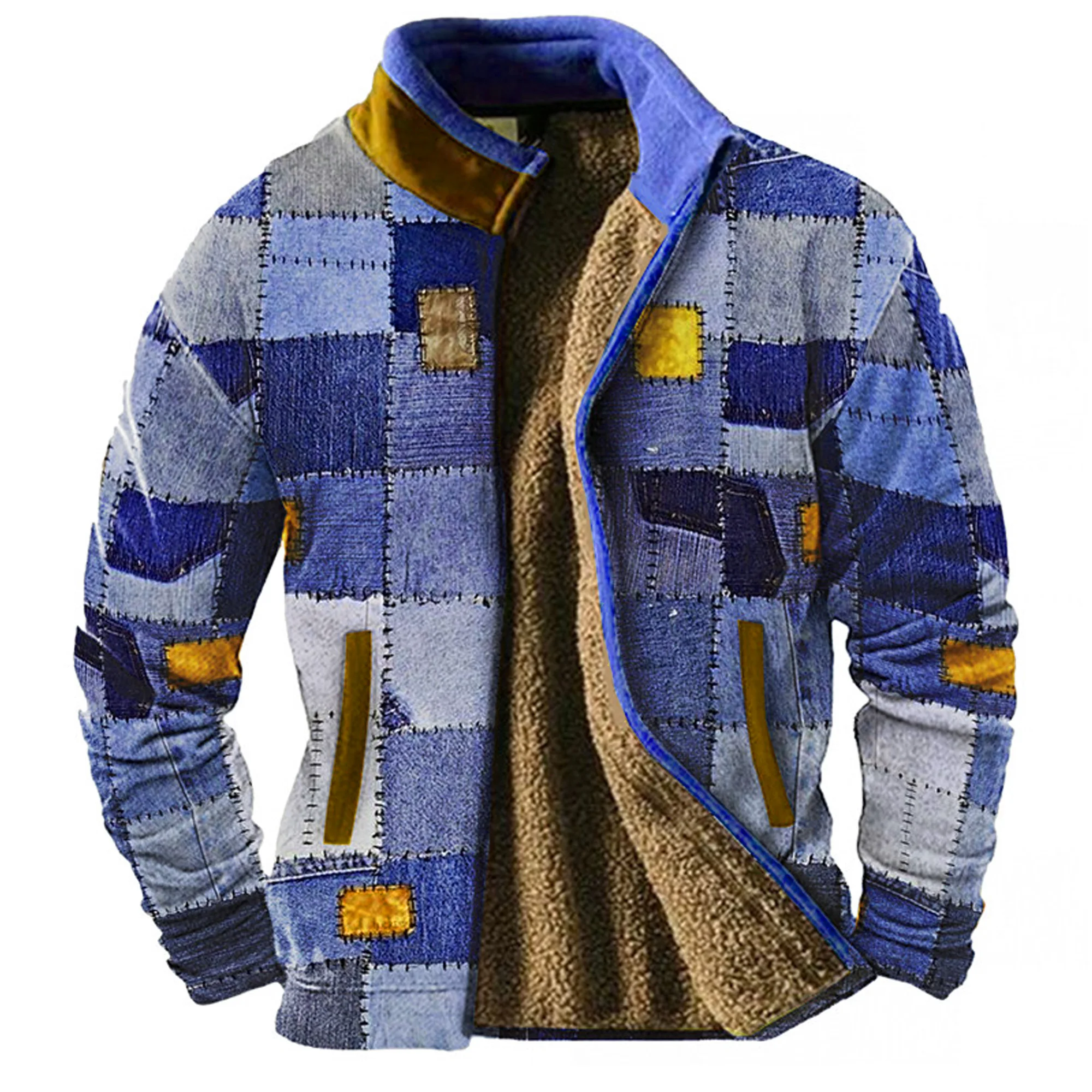 Graphic Tribe Men\'s daily zipper thickened coat Holiday Holiday Outing Zipper shirt Blue brown stand collar fleece winter design