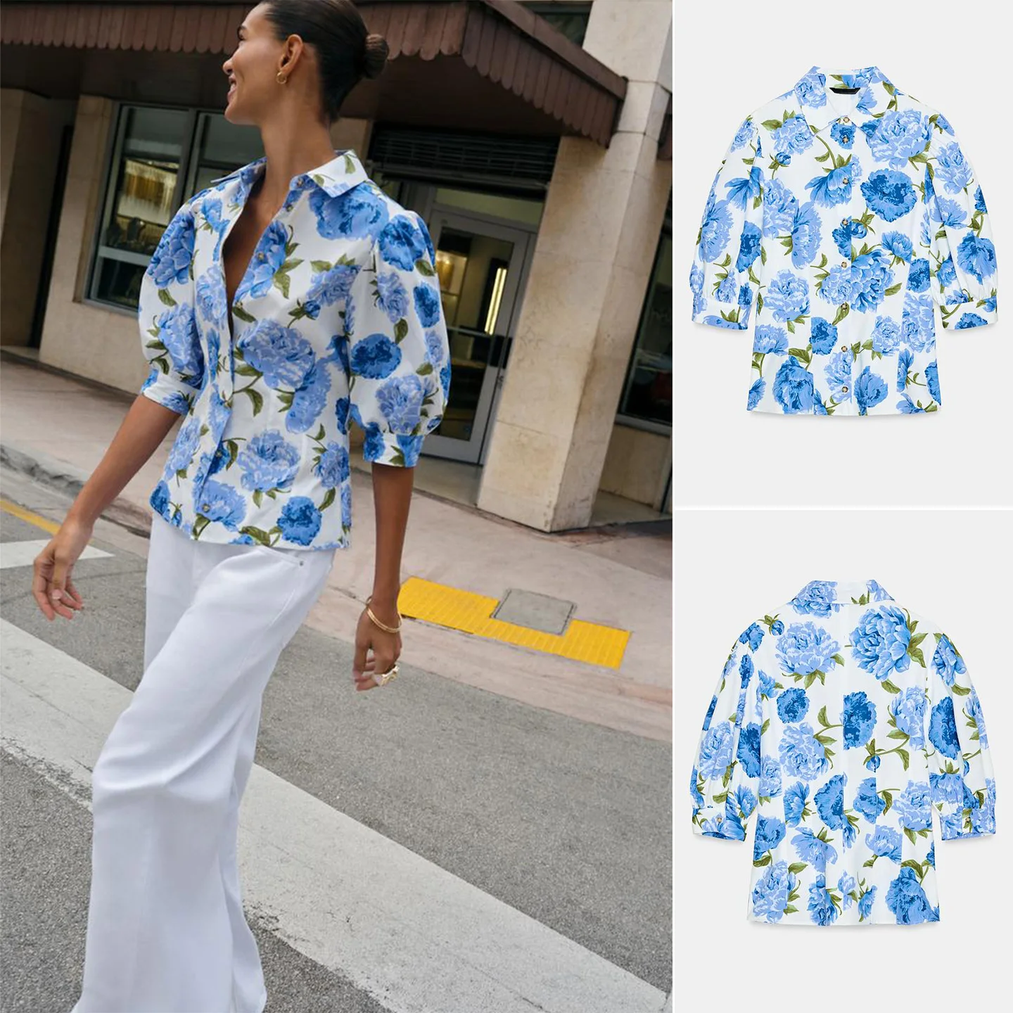 

Spring New Women's Casual Sle Polyester Fiber Bubble Sve Printed irt Flip Collar Beach Vaion Faion Loose Fit