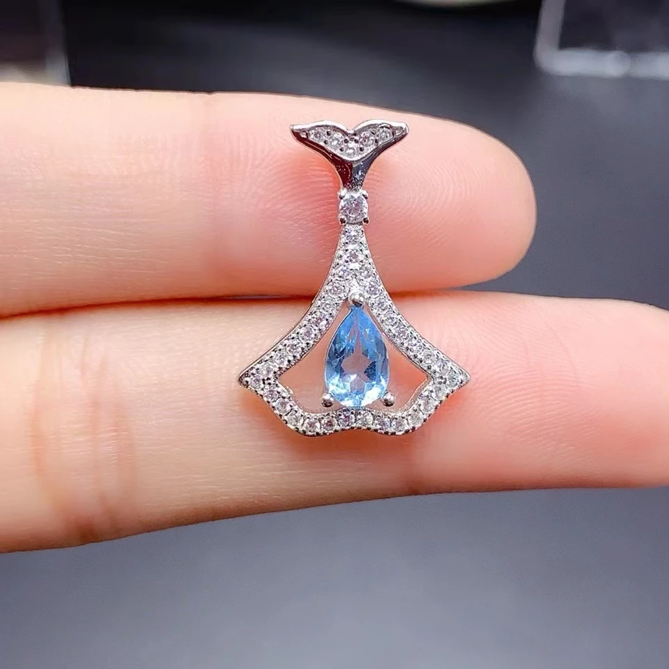 Natural Topaz Olivine Swiss Blue Pink Tricolor Tail Shaped Female Pendant 925 Pure Silver Inlaid Simple Fresh Exquisite Necklace