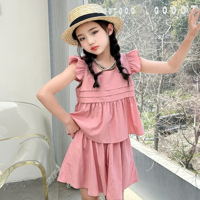 

New Summer Girls Clothes Sets Kids Flying Sleeve Shirt+Loose Short Pantskirt Suits Pure Color Children's Clothing Outfits