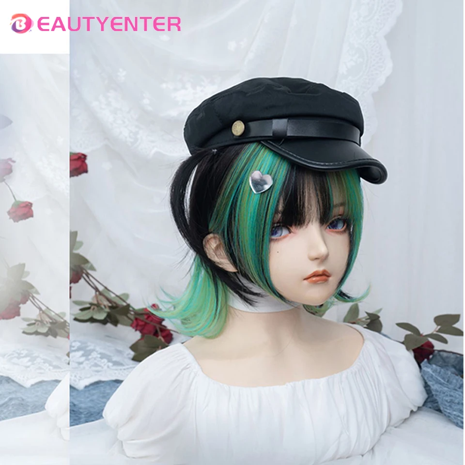 BEAUTYENTER Women Black Green Ombre Cosplay Short Straight Synthetic Wig Wolf Tail Mullet Head with Bangs Wig for Daily Party