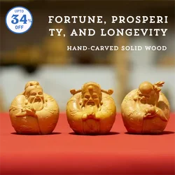 Solid Wood Carving Fu Lu Shou Statue | Small Feng Shui Decor Figure for Home Room Office | Fortune Prosperity Longevity Ornamen