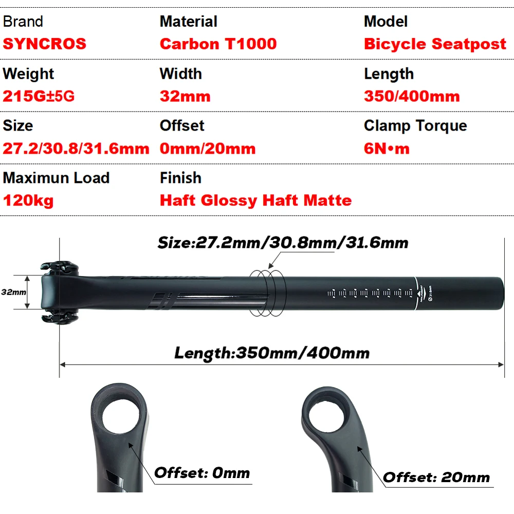 SYNCROS Seatpost Carbon Seatpost Half Matte Half Gloss MTB/Road Bike Seat Post Length 350mm/400mm Bicycle Parts 27.2/30.8/31.6mm