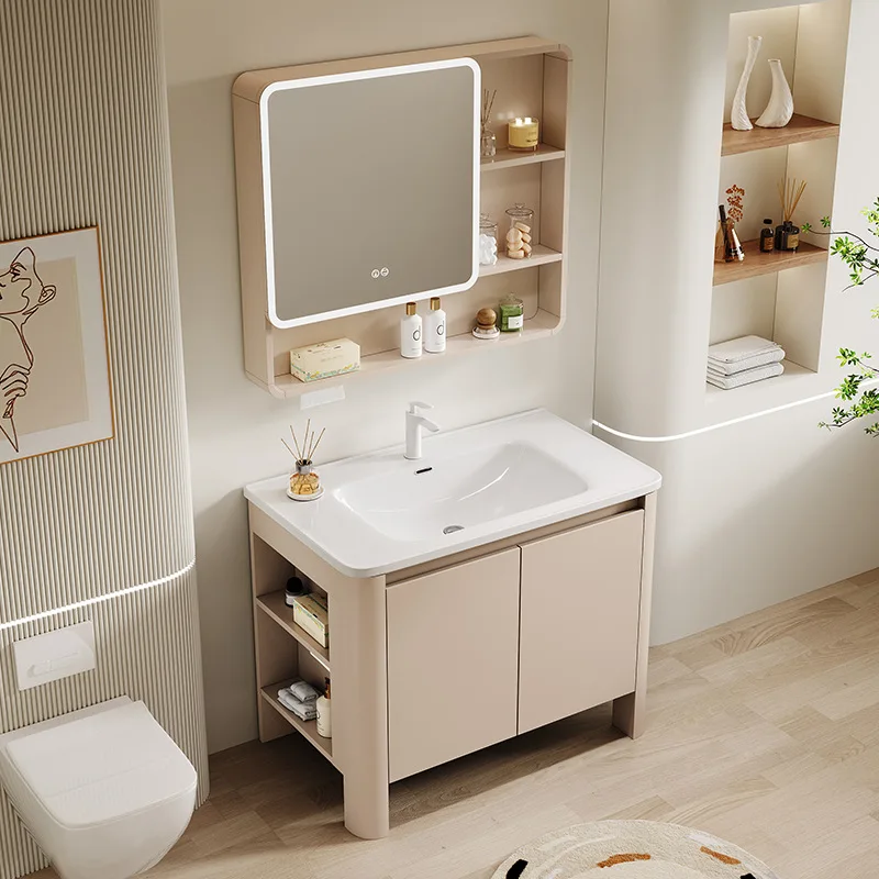 Cream wind honeycomb aluminum floor-to-ceiling bathroom cabinet Side storage ceramic integrated combination